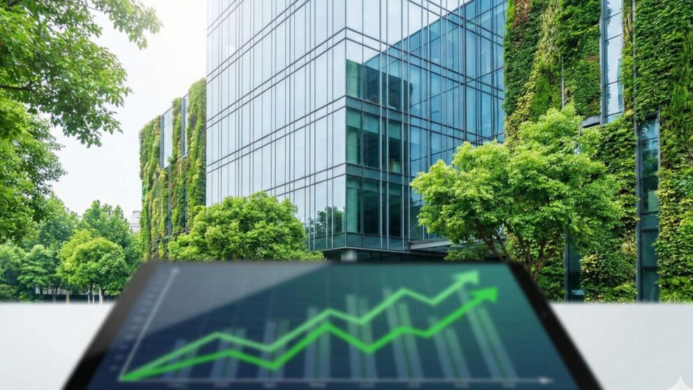 Modern eco-friendly office building with financial growth charts on a tablet screen.